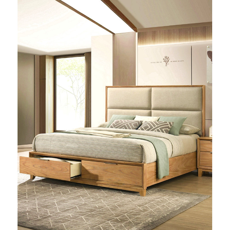 1Pc Queen Storage Platform Bed Upholstered Ultra-Plush Headboard Two Footboard Storage Drawers Solid Wood Natural Wood Finish Wooden Bedroom Furniture