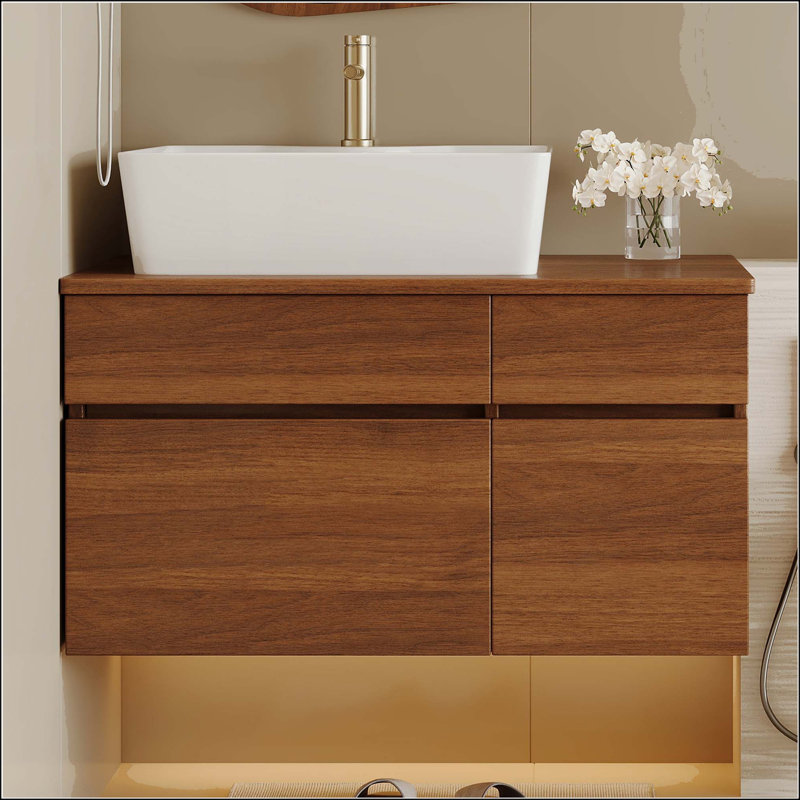 Petit meuble-lavabo mural 31,5 "avec lavabo vasque, Walnut