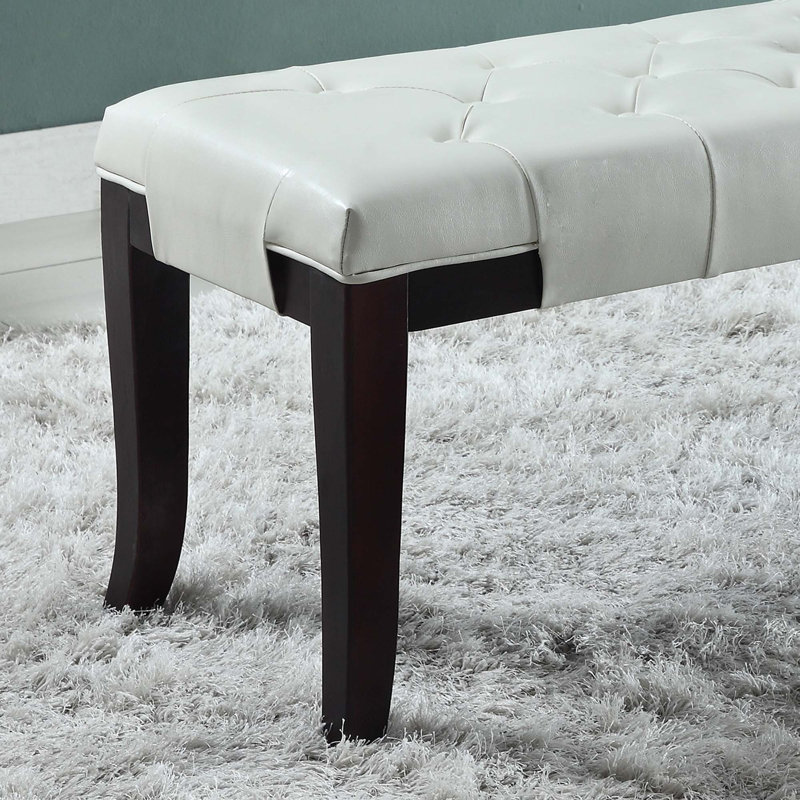 Solid Wood Upholstered Tufted Bench, White Leather
