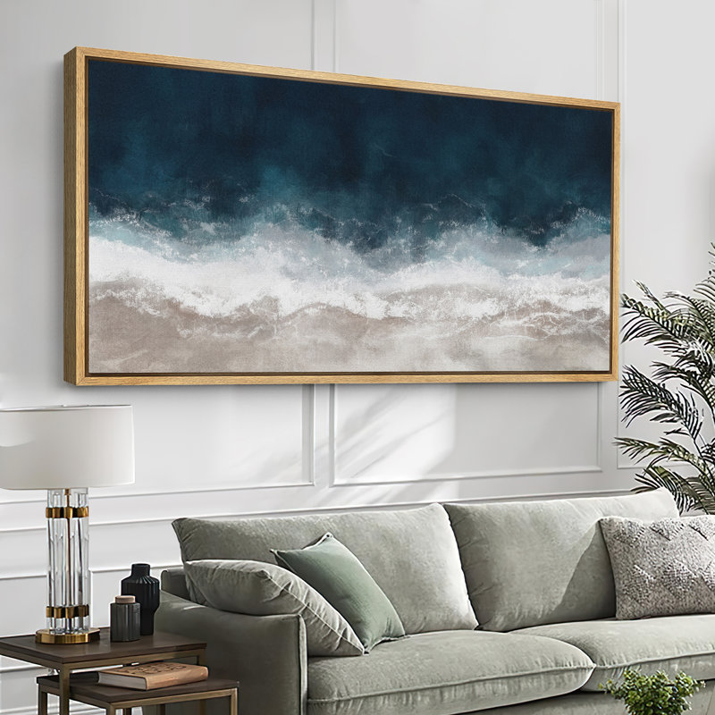 Impression sur toile surdimensionnée encadrée bleu marine, vagues de l'océan sur la plage, H 30 po x l 60 po, Naturel