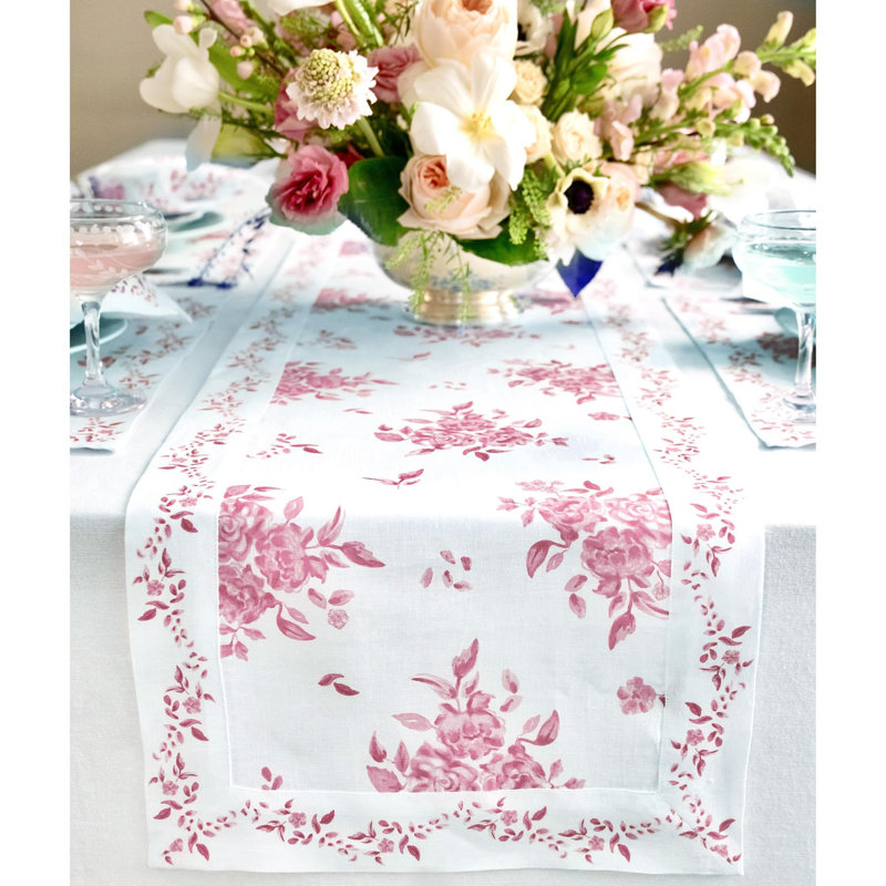 Chemin de table Jolie Fleur - 100% lin pur, Rose, 36 po x 14 po