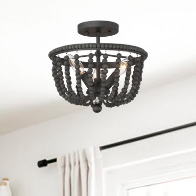 3 Light Wood Bead Semi Flush Mounts Lighting Chandelier