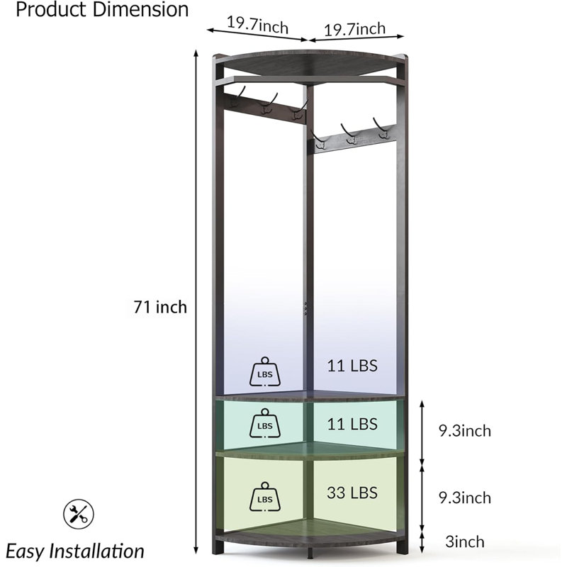 Corner Coat Rack with Shoe Bench Entryway and 6 Double Hooks, Gray