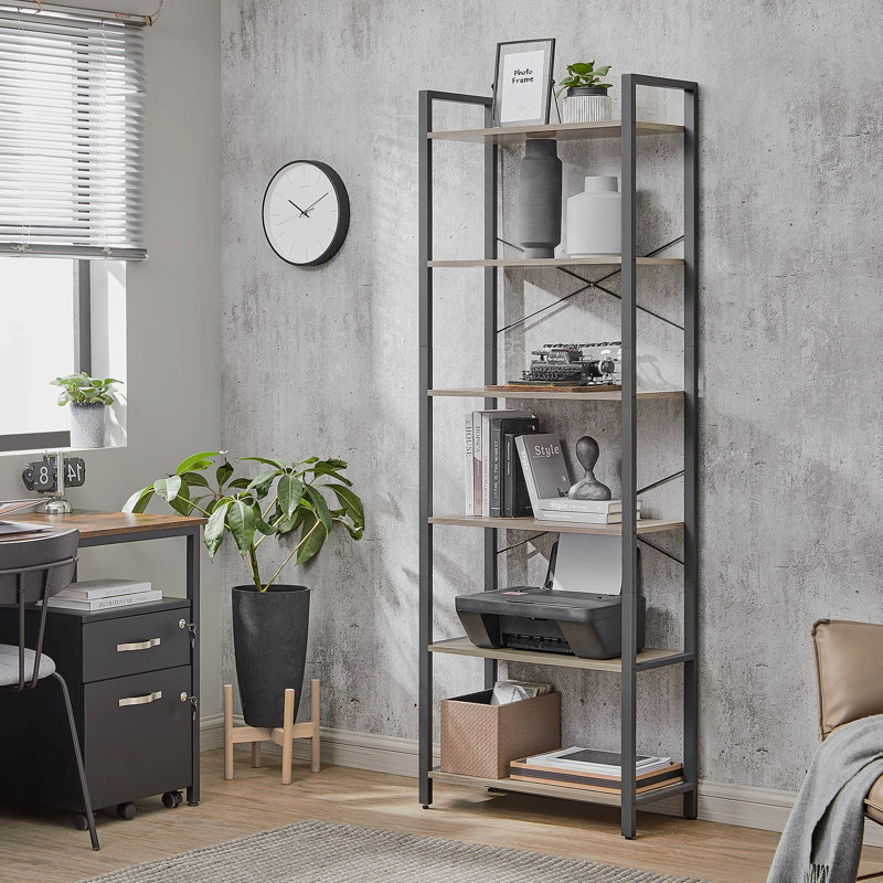 6 Tier Bookcase With Steel Frame, Greige/Black, 186cm H x 66cm W x 30cm D
