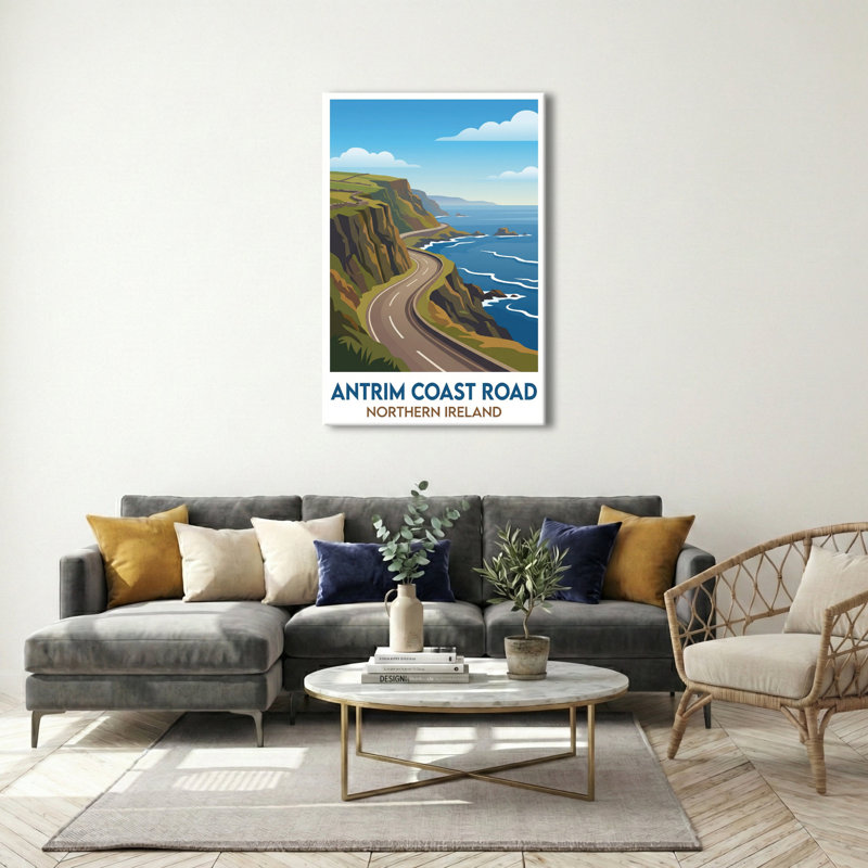 Antrim Coast Road, Northern Ireland - Romantic Coastal Drive Travel Poster. Giclee Print On Wrapped Canvas. Wall Art, Home Decor - Regions & Scenic Areas, Northern Ireland - Wrapped Canvas Print