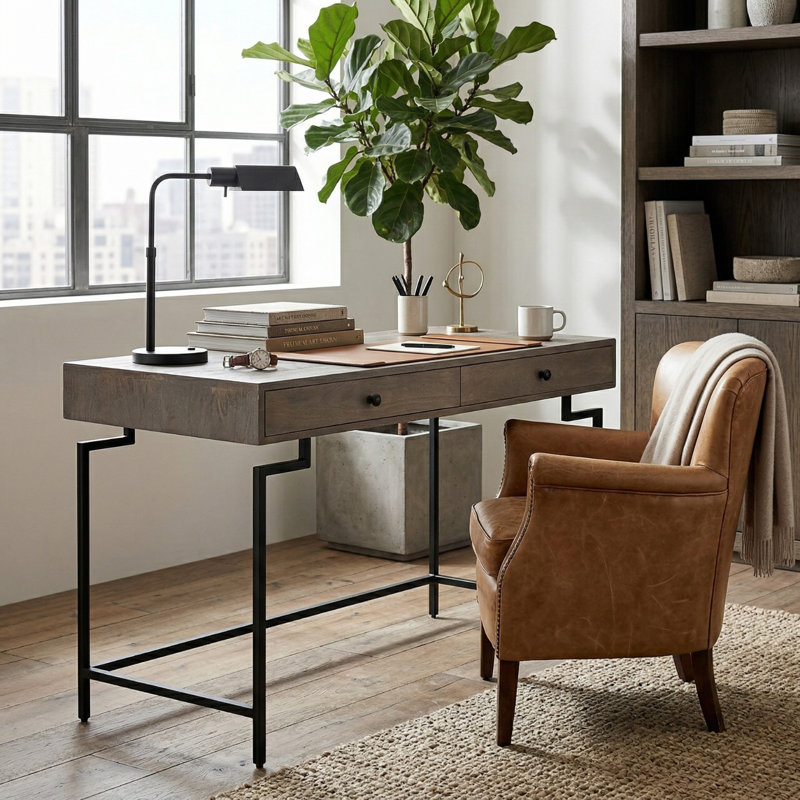 Solid Wood Top Metal Base Writing Desk