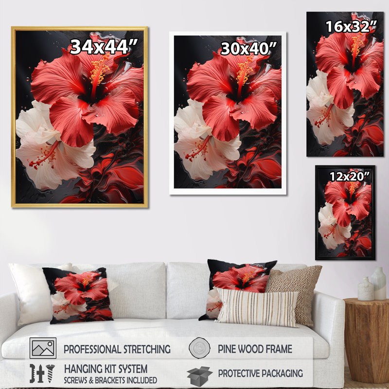 Fleurs de marguerite rouge II - décoration murale florale, Cadre flottant blanc, H 40 po x l 30 po x P 1,5 po