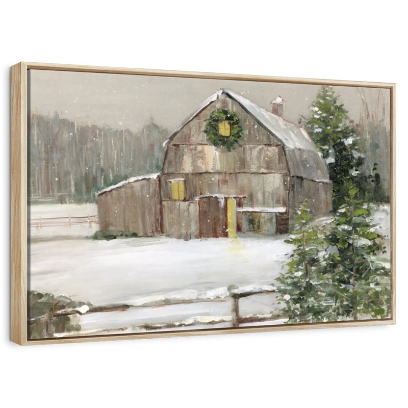Grange enneigée, Cadre flottant en bois naturel, 13 po x 9 po