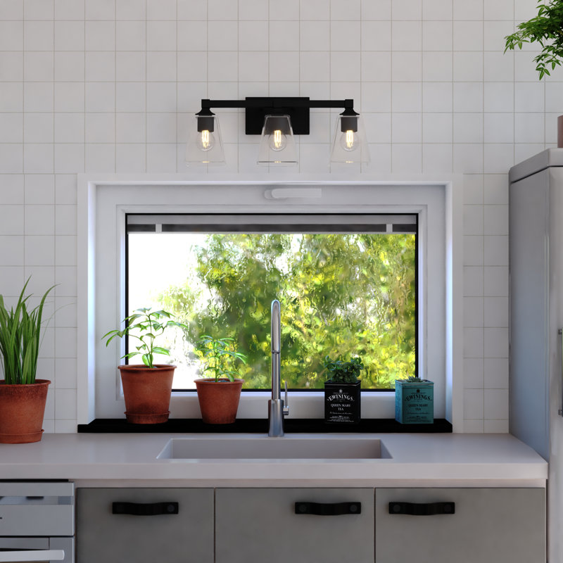 Lanaysha 3 Light Transitional Bathroom Vanity Fixture Clear Glass, Matte Black