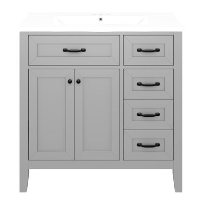 36 - Inch Modern Bathroom Vanity, Gray Finish, Solid Rubber Wood, Board, Center Mounted Sink, And Storage Drawers For Use Essentials