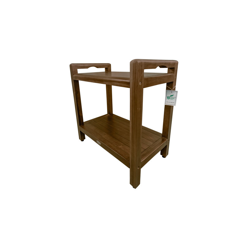 Woodland Brown Teak Shower Bench with LiftAide Arms and Shelf