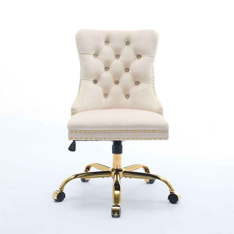 Fauteuil de bureau moderne capitonné en velours capitonné à boutons, fauteuil de bureau pivotant sans accoudoirs, Beige