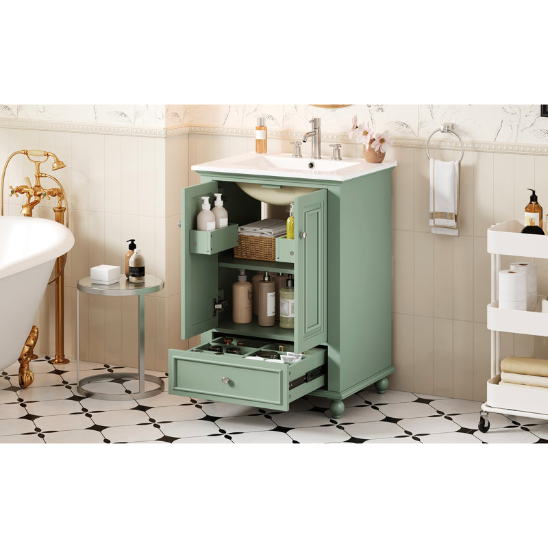 Meuble-lavabo de salle de bain de 24 pouces avec lavabo en céramique, armoire à fermeture douce, tiroir compartimenté, tablette à trois hauteurs et organisateurs montés sur la porte pour un style contemporain avec des organisateurs réglables de 24 pouces de profondeur.