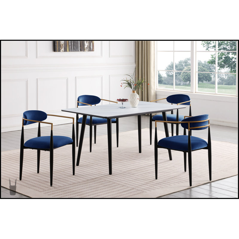 Ensemble de salle à manger 5 pièces moderne avec table en pierre frittée blanche et chaises rembourrées en tissu bleu, White