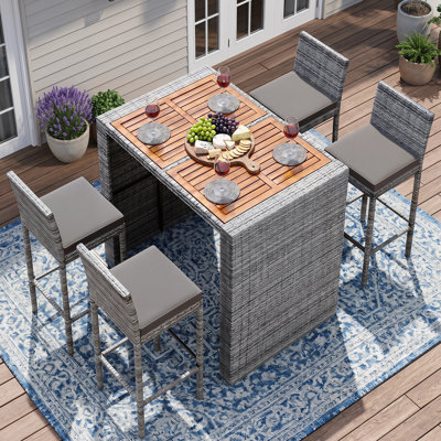 5-pieces Outdoor Patio Wicker Bar Set Removable Cushion