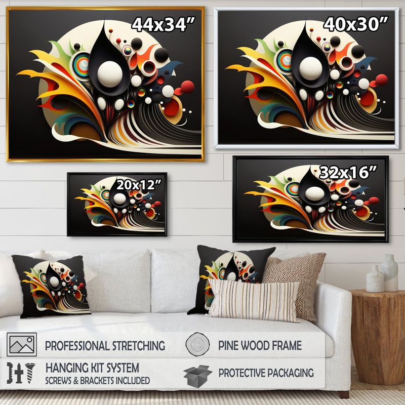 Minimaliste, sphères colorées et vagues I - art mural moderne sur toile géométrique, L 32 po x H 24 po, Cadre flottant doré