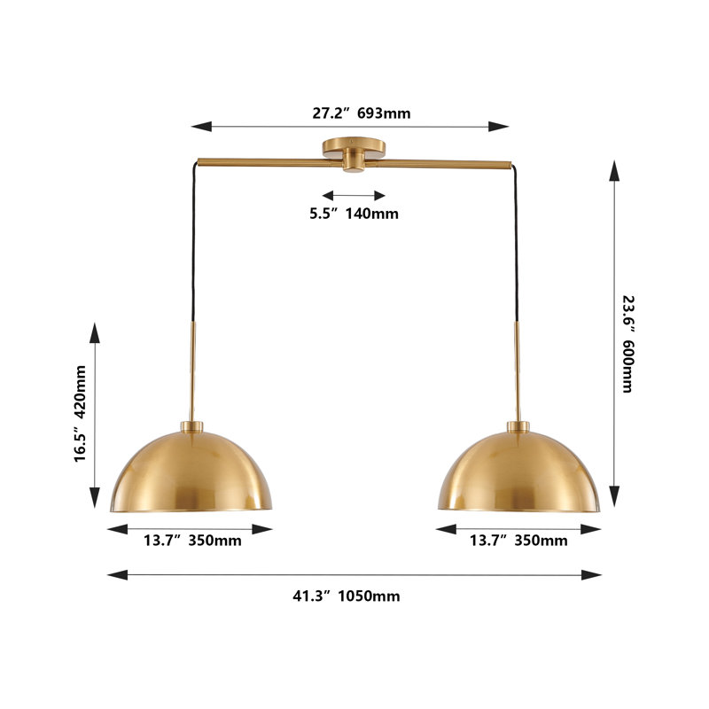 Luminaire suspendu réglable à 2 lumières de style dôme industriel doré, Doré