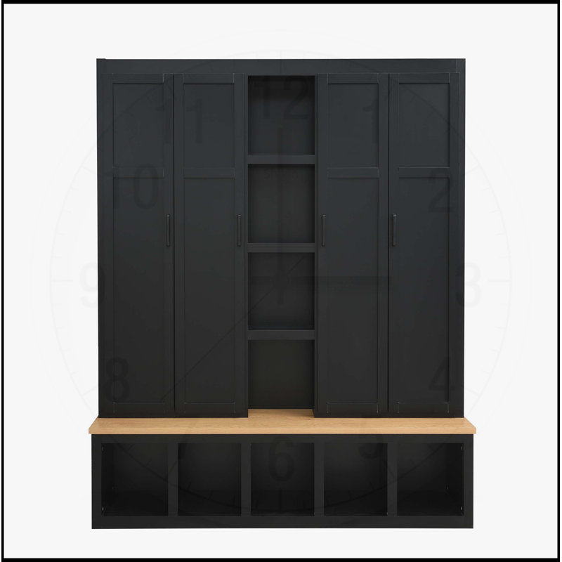 62.9W Farmhouse 4-in-1 Hall Tree with 6 Hooks, Mudroom Bench, and Open Compartments for Entryway Organization, Black