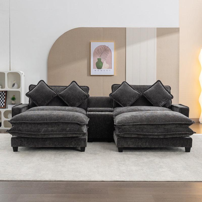 Canapé modulaire en chenille de 111 po avec deux repose-pieds amovibles, deux ports USB, deux porte-gobelets et une grande boîte de rangement pour le salon