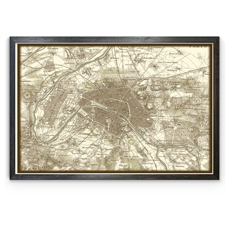 « custom sépia map of paris » par paul cezanne-cadre photo, impression, Toile avec cadre, H 22 po x l 16 po x P 1 po, Ébène