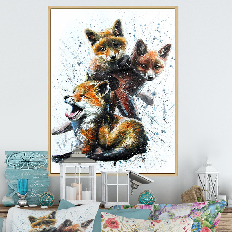 Petits renards - peinture, H 32 po x l 16 po x P 1 po, Cadre flottant brun