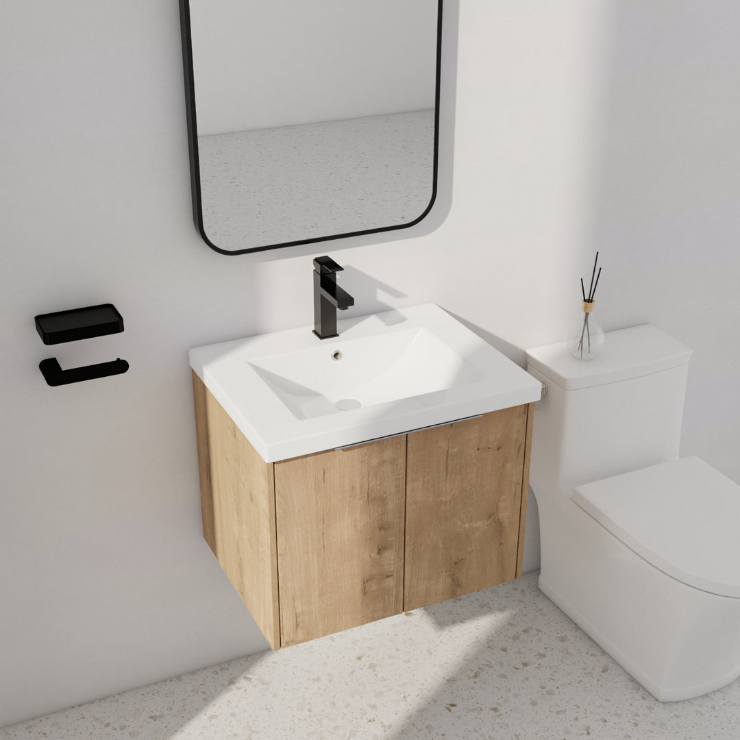 24" Single Sink Wall Mounted Bathroom Vanity,Floating Vanity With 2 Doors and White Resin Top Ebern Designs