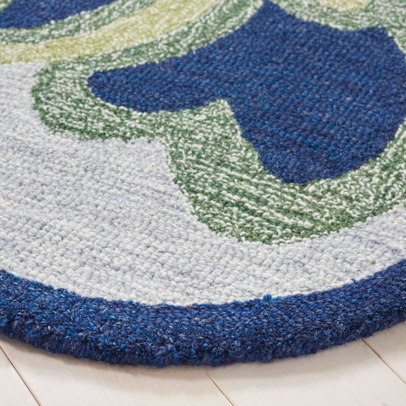 Novelty Albric Hand Tufted Wool/Cotton Floral Rug in Green/Navy, Round 5'