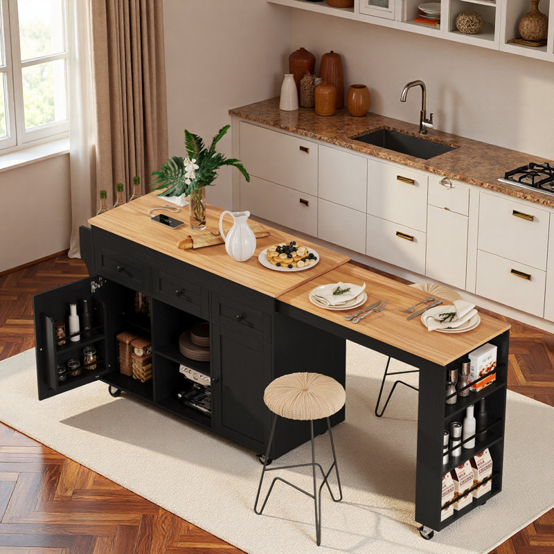 Rolling Kitchen Island With Extendable Dining Table, Charging Station, Three-tier Open Side Storage Rack, 3 Drawers And 2 Storage Cabinets