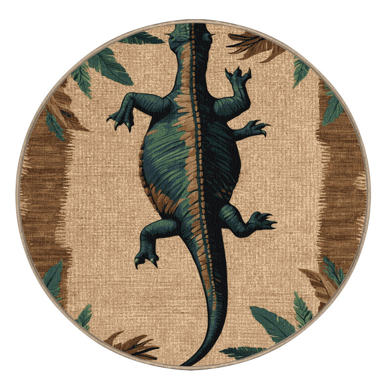 Machine Washable Dinosaurs Beige Area Rug, Round 7'