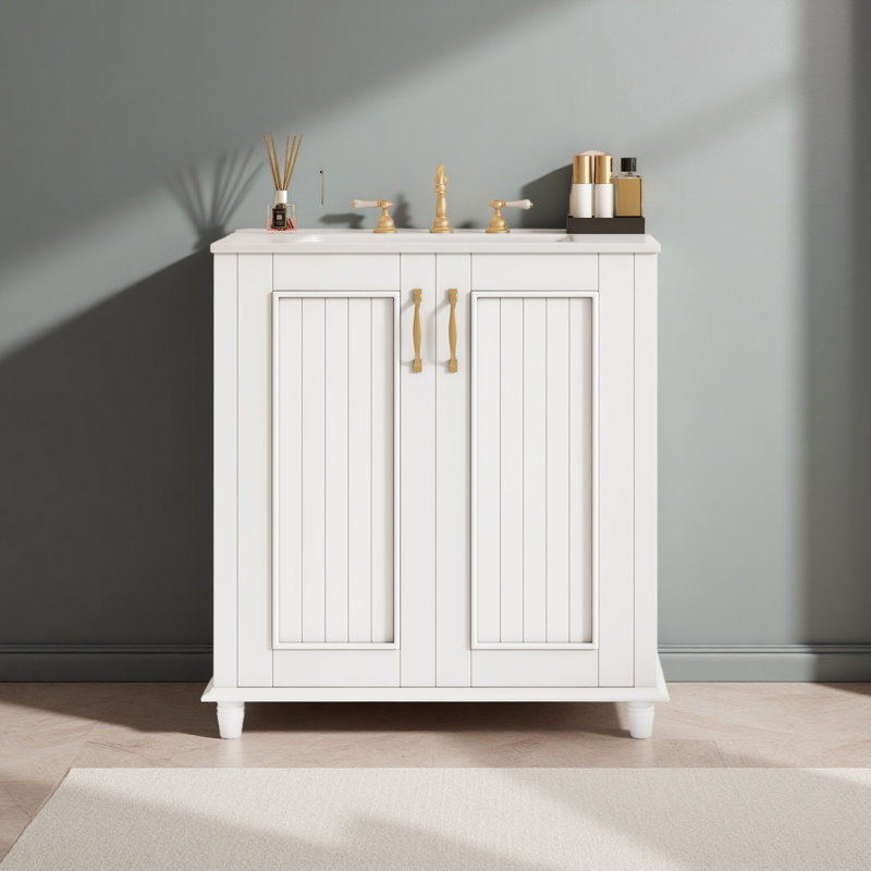 Meuble-lavabo de 30 po avec lavabo en céramique, ensemble de meuble-lavabo autoportant avec tiroir caché, armoire de rangement pour salle de bain, armoire de salle de bain