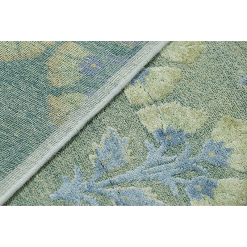 Rug & Kilim’S Custom Block Print Rug Design With Blue And Green Floral Pattern, Rectangle 9' x 12'