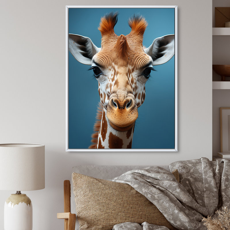 " Blue Giraffe Portrait II ", 32" H x 24" W x 1" D, White Floater Frame