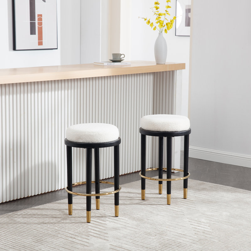 Upholstered Backless Bar Stool with Finished Footrest (Set of 2), Teddy - White Seat/ Black Frame
