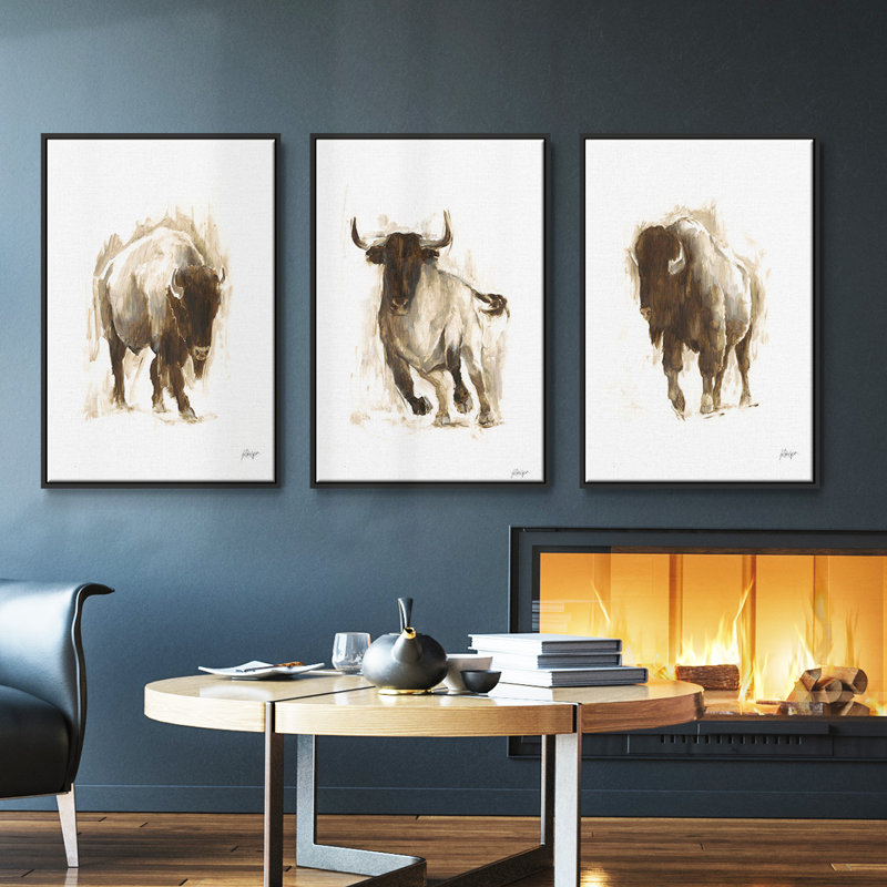 Rustic Bison I, ensemble de 3 toiles encadrées sur toile, Noir, H 36 po x l 72 po