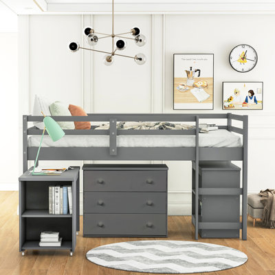 Lit mezzanine simple avec bureau polyvalent et unité de rangement mobile à roulettes - Bureau gris, maximisez votre espace