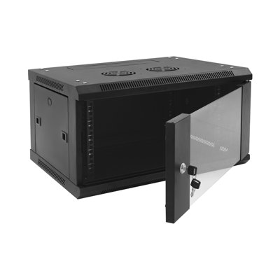 6U Wall Mounted Network Server Cabinet, Lockable Tempered Glass Enclosure for Routers & Switches, Black