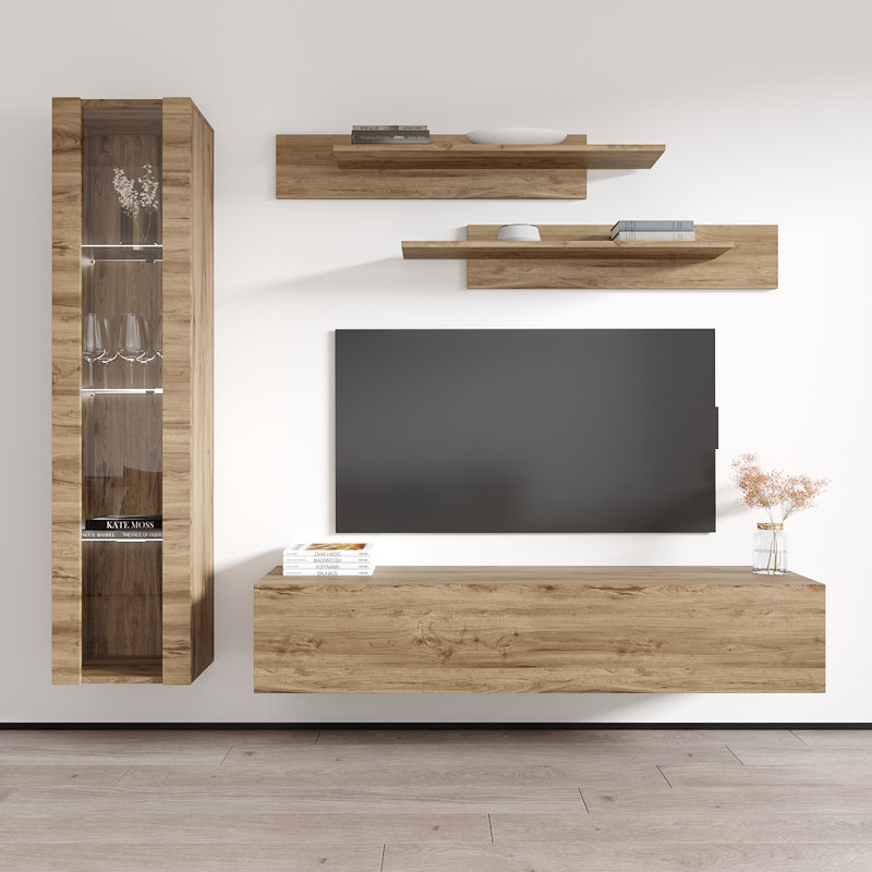 Wabasso 85" Modern Floating Wall Mounted Entertainment Center with 16-Color LED Lighting, High Gloss Finish, Oak