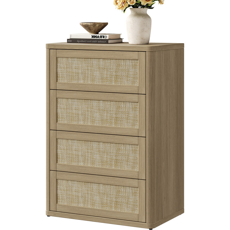 Commode 4 tiroirs Consiglia Boho-Rattan, Chêne ambré