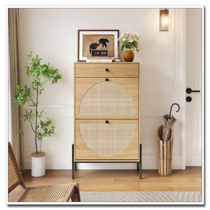 2-Door Shoe Storage Cabinet with Rattan Fronts & Drawer