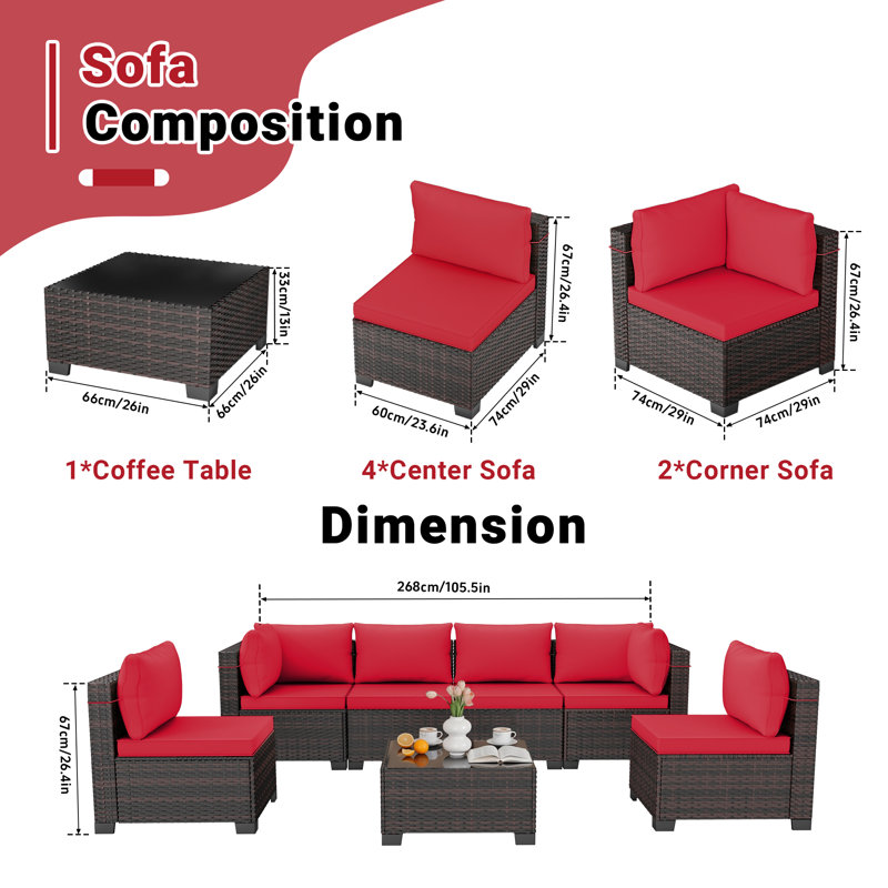 7-Piece Patio Conversation Sets, Outdoor Rattan Wicker Sectional Sofa with Tea Table & Cushions, Red