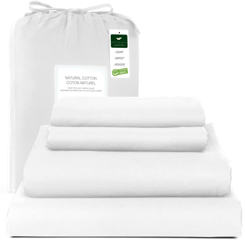 Breathable and Cooling 200 Thread Count 100% Cotton Sateen Sheet Set, King, White