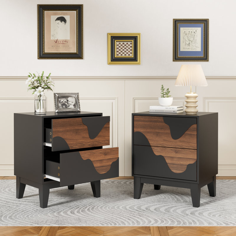 17.7“W Flowing Water Geometry Nightstand, Black, Set of 2