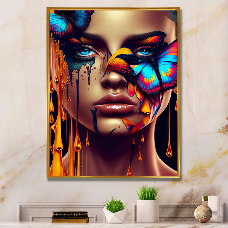 «Sensual Woman with Colorful Butterfly II», impression sur toile, H 32 po x l 24 po x P 1 po, Toile avec cadre flottant or