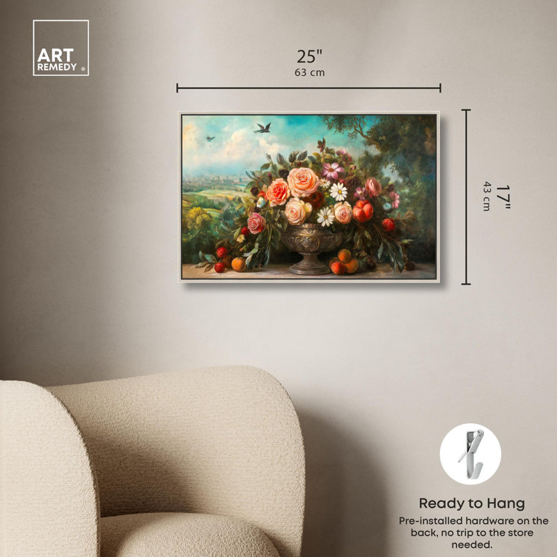 «Dreamscape Flora I», art floral classique par Art Remedy, Encadrement argenté, H 17 po x l 25 po x P 2 po