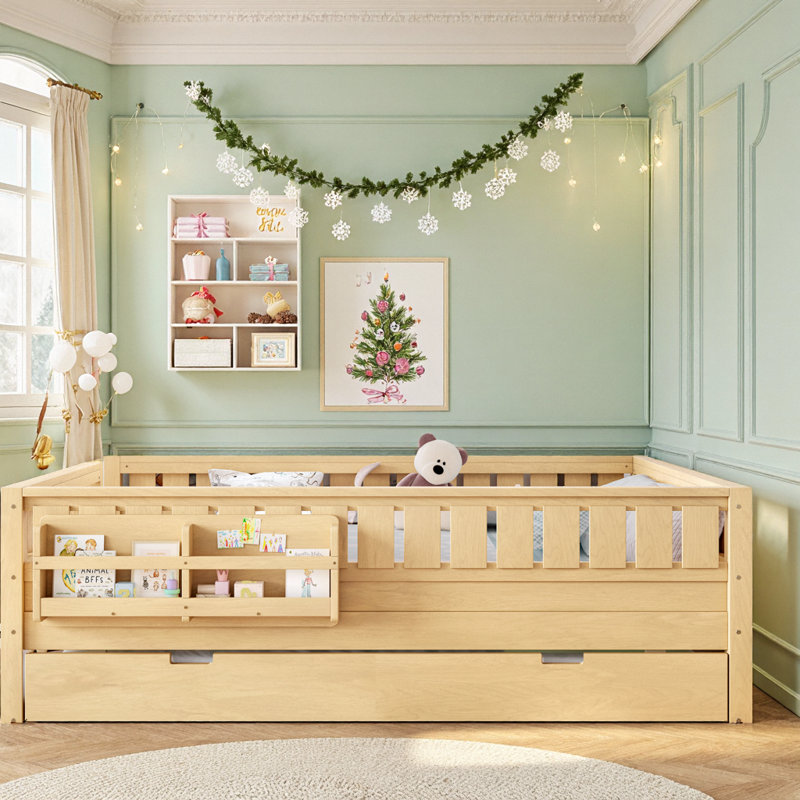 Playful Kids Twin/Full/Queen Bed with Built-in Bookshelf, Safety Stairs & Hidden Trundle for Space-Saving Fun, Queen
