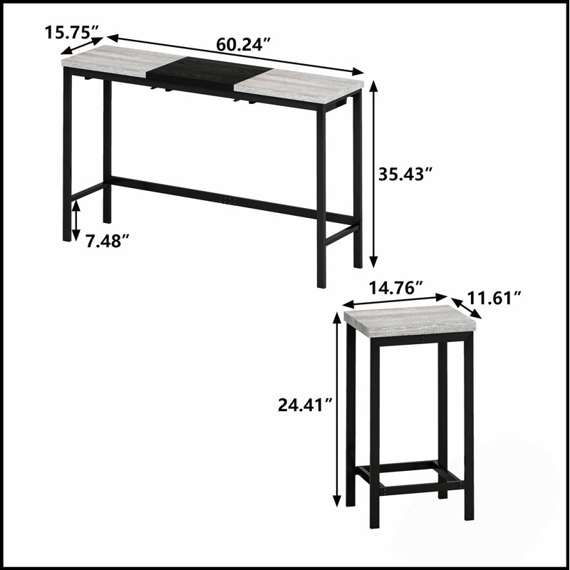 Ensemble de table de salle à manger de cuisine moderne avec 3 tabourets, plateau de table épissure unique et tabouret suspendu pratique