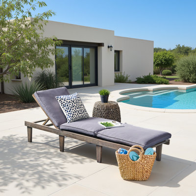 Acacia Wood Chaise Lounge with Cushion - Grey Weather-Resistant Outdoor Lounger
