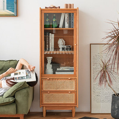 Rattan Drawer Glass Display Organizer Cabinet