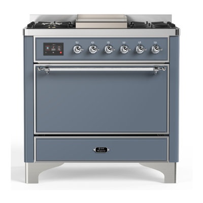 Cuisinière à carburant double de 36 pouces avec 6 brûleurs scellés et plaque chauffante Majestic III Series en bleu-gris (propane liquide, garniture chromée)