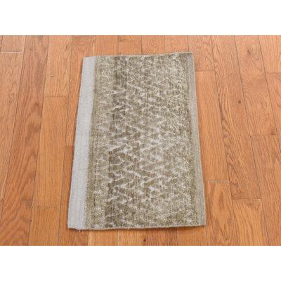 Tapis oriental noué à la main en soie véritable avec laine oxydée 1 pi 3 po x 2 pi, motif moderne ton sur ton, échantillon noué à la main